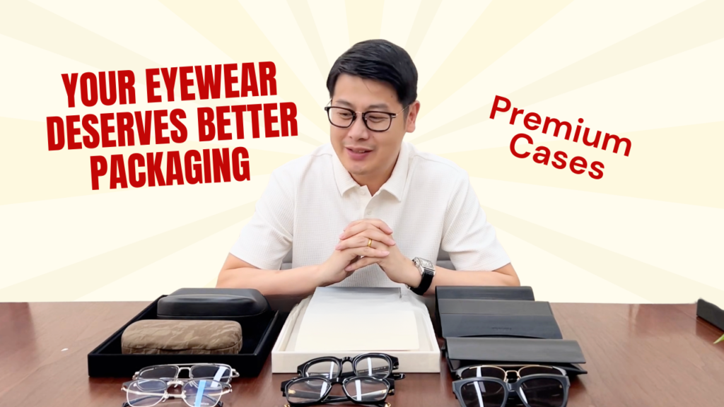 Eyewear presentation cases shown in a product video thumbnail