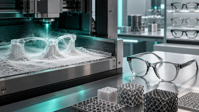 Futuristic unbranded eyewear frame beside additive manufacturing material and design model