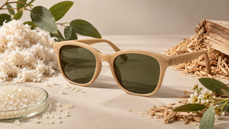 Biodegradable sunglasses concept with plant-based frame material and cellulose fibres