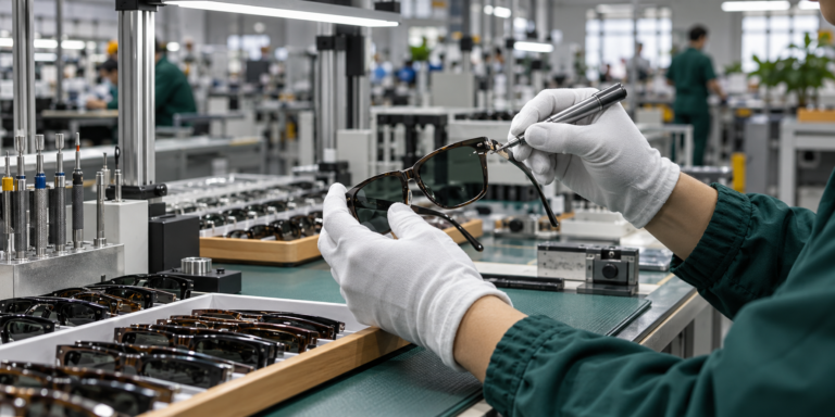 Quality inspection inside a professional sunglasses manufacturing facility in China