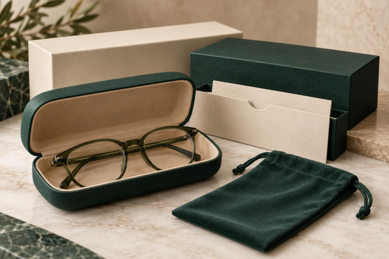 Premium custom eyeglass case pouch and unbranded packaging for an eyewear collection