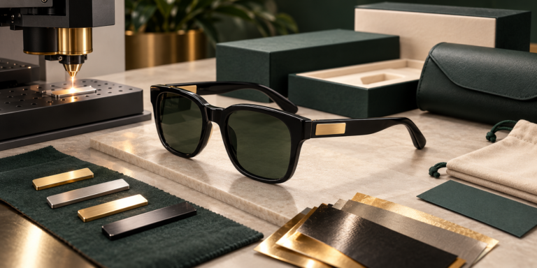 Unbranded sunglasses with subtle temple branding samples and production tools