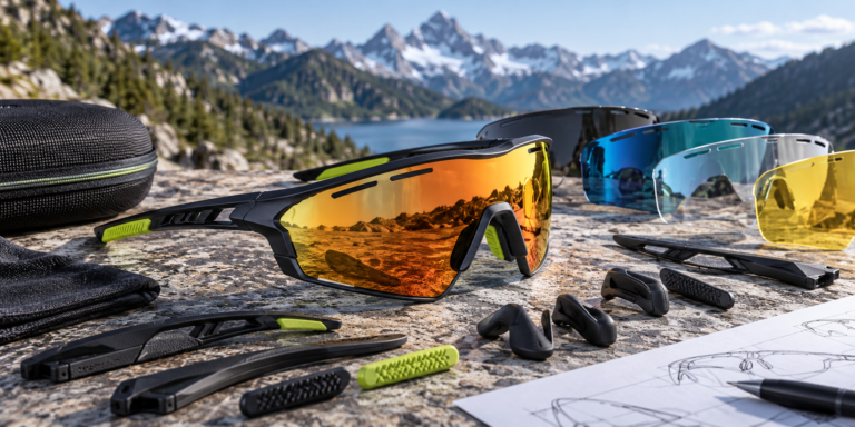 Dynamic wraparound sports sunglasses with interchangeable lens and technical components