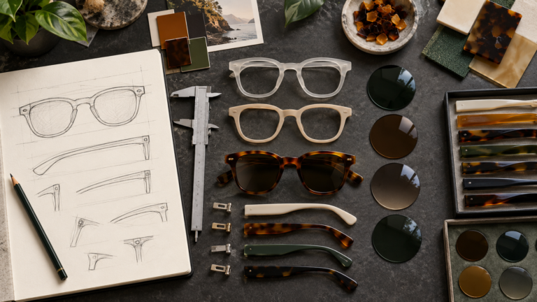 Custom sunglasses development desk with sketches prototypes lenses and material samples