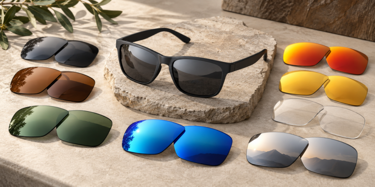 Selection of original sunglass lens tints gradients and mirror finishes in a clean studio