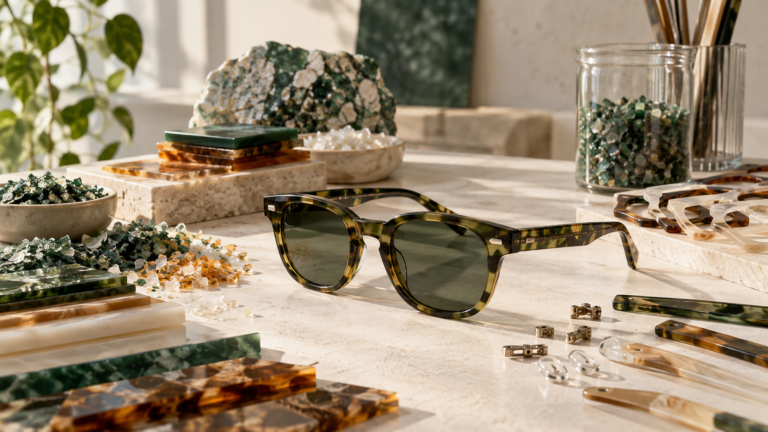 Eco-friendly sunglasses with acetate material samples for private-label manufacturing