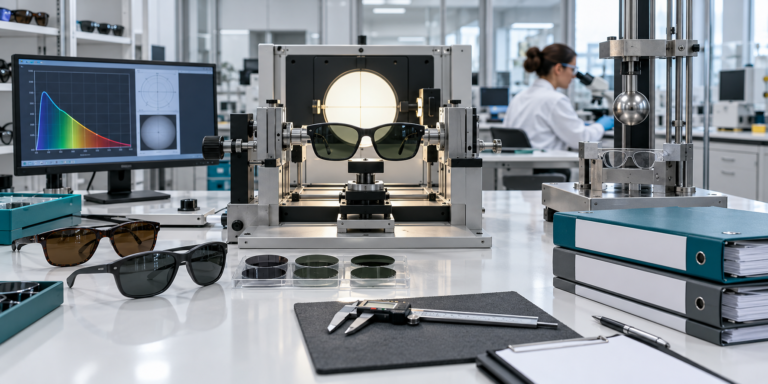 Eyewear compliance testing scene with safety instruments documents and unbranded frames
