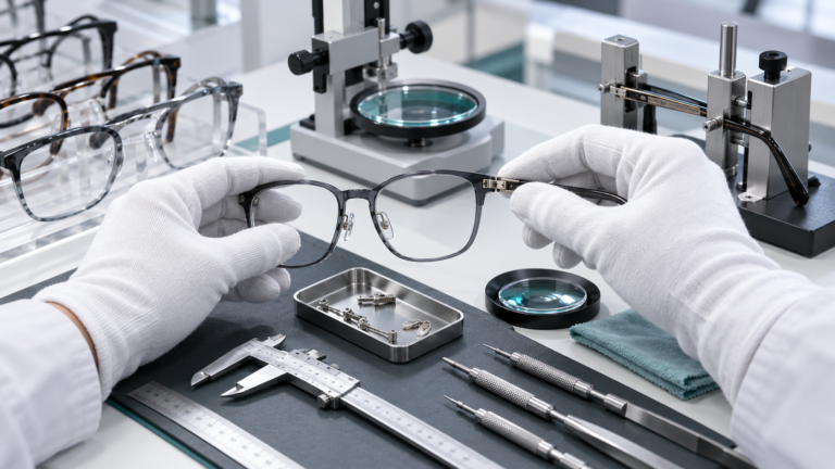 Eyewear quality control inspection with precision tools and optical frames