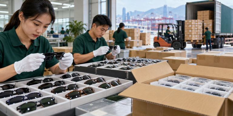 Organized eyewear export shipment with sunglasses cases cartons and documentation