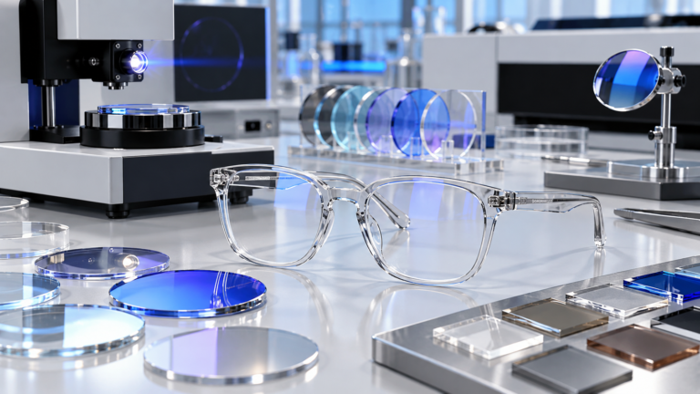 Contemporary clear-lens optical glasses beside subtle blue light reflections and material samples