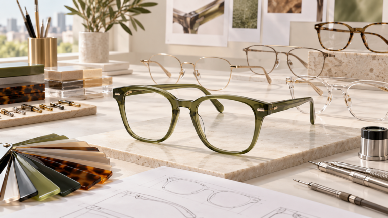Refined optical frames with material swatches technical drawing and unbranded case