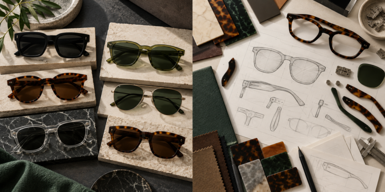 Two unbranded sunglasses development routes shown with catalogue samples and technical sketches