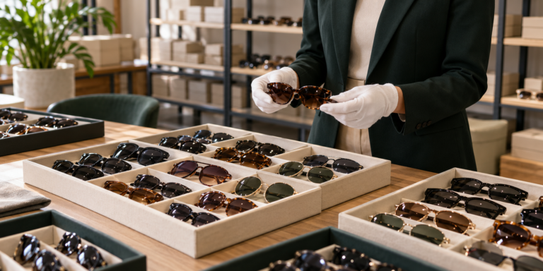 Curated wholesale sunglasses assortment in trays for professional retail buying